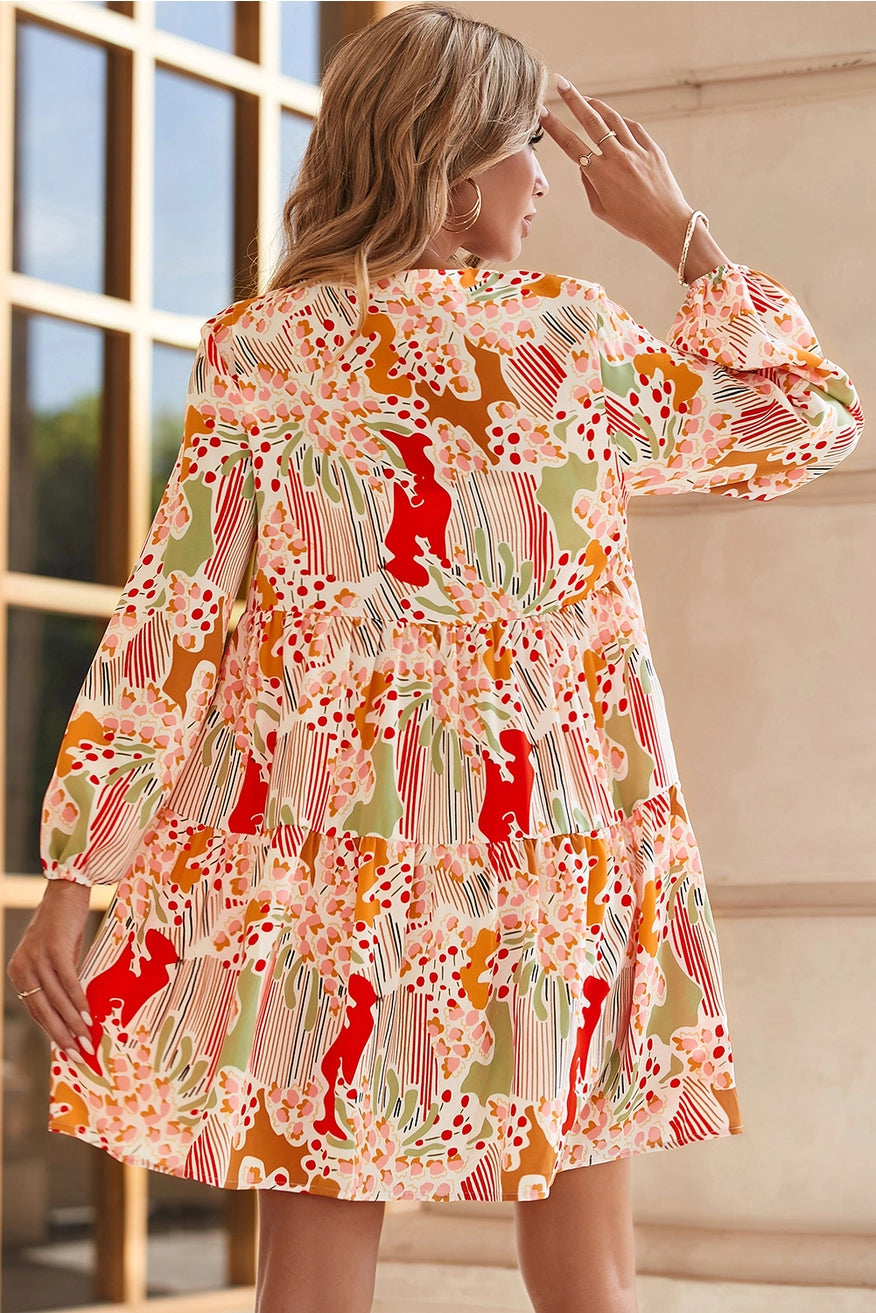 Multicolour Split Neck Puff Sleeve Flowy Printed Dress Women's Spring Dress