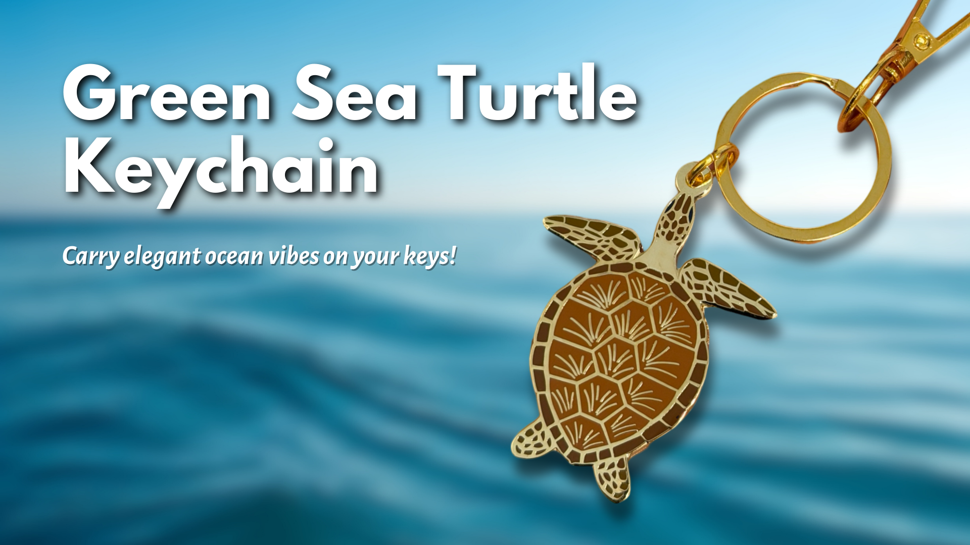 Gold green sea turtle keychain with ocean wave background