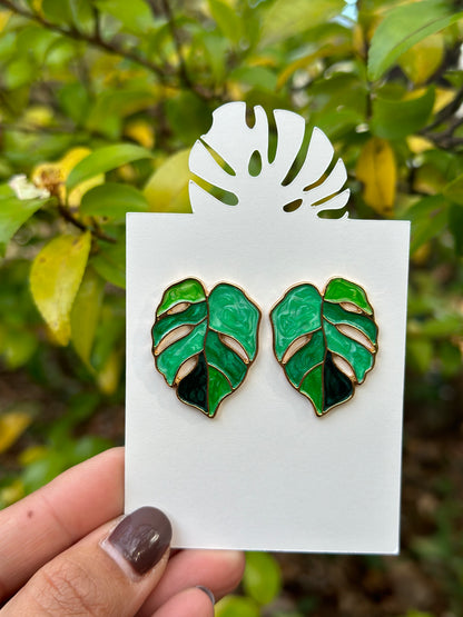 Monstera Earrings - Copper & Enamel
