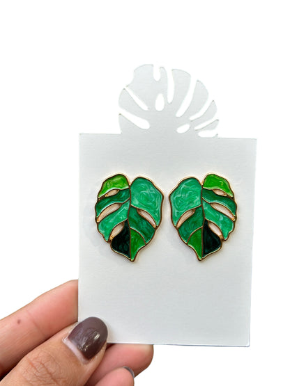 Monstera Earrings - Copper & Enamel