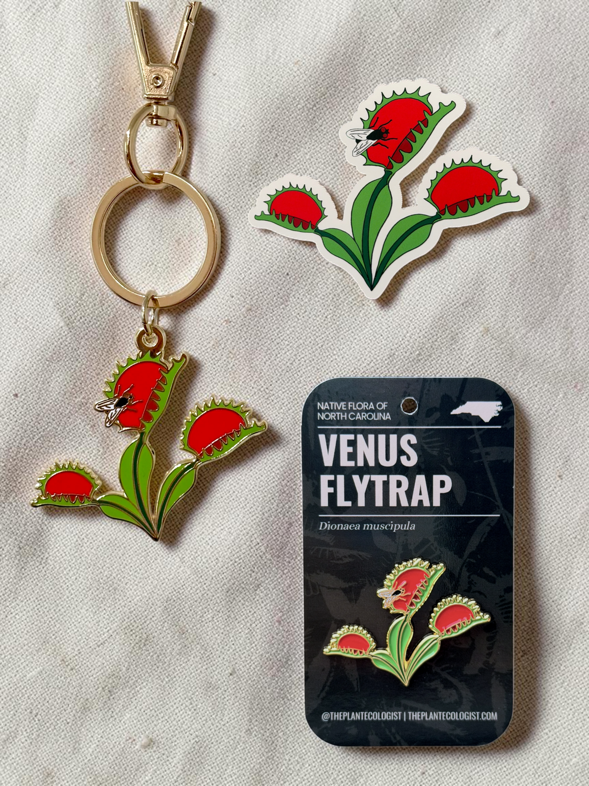 Venus Flytrap Trio Gift Set - Enamel Pin, Keychain & Sticker - North Carolina Native Plant